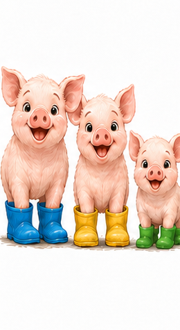 Pip Pop and Puddles the piglets in their approved front model-sheet pose